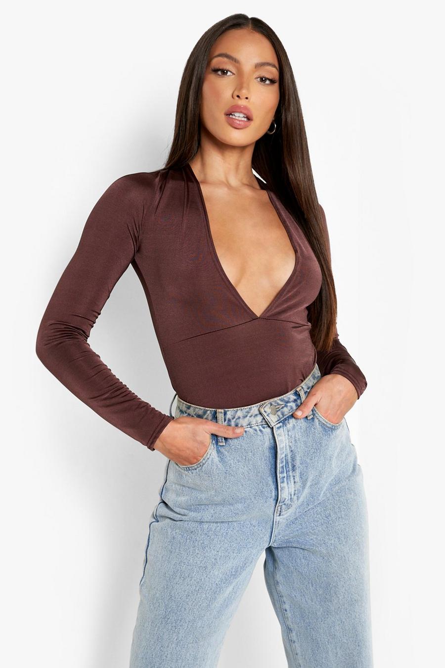 Chocolate Tall Plunge Long Sleeve Bodysuit image number 1