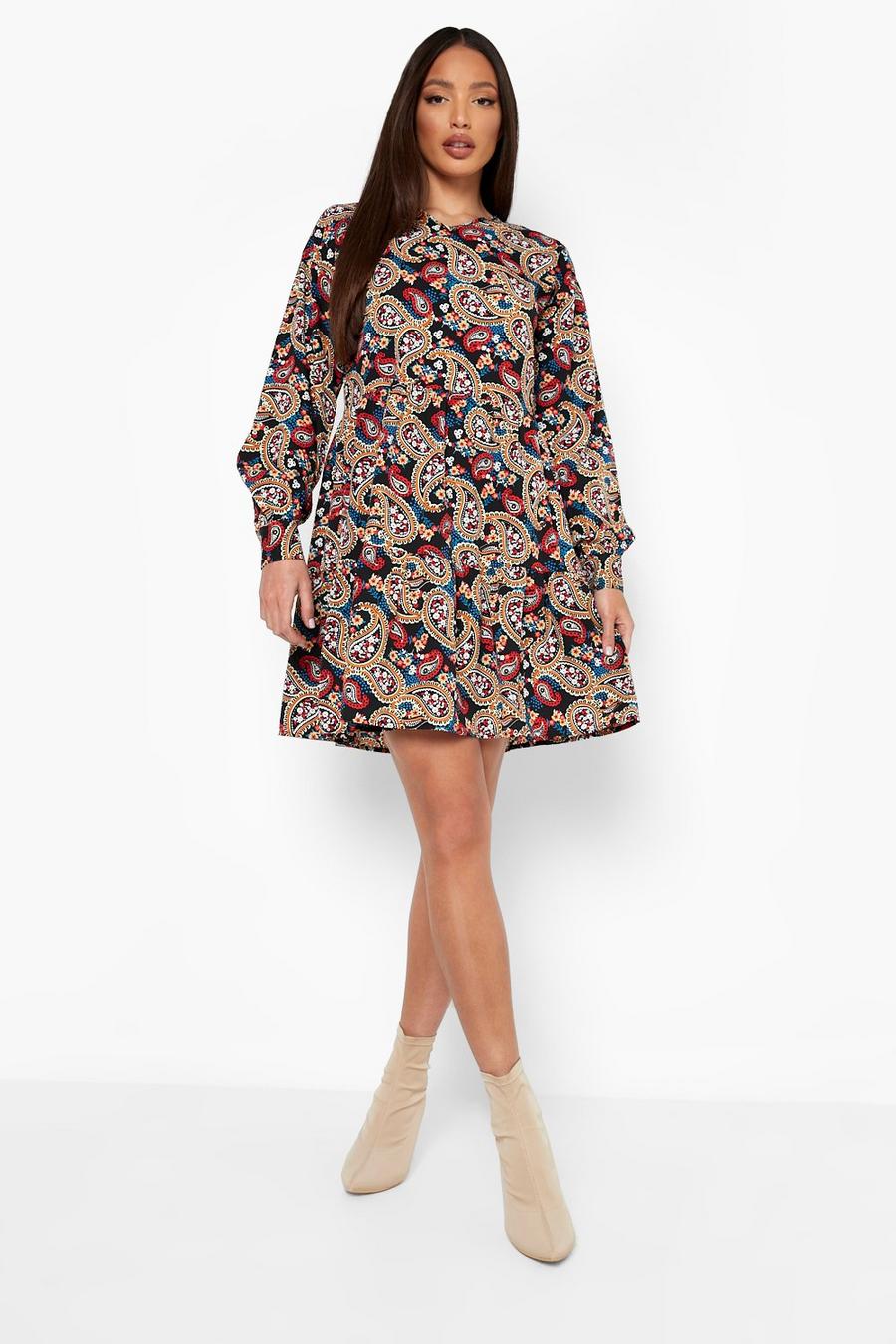 Black Tall Paisley Tired Smock Dress image number 1