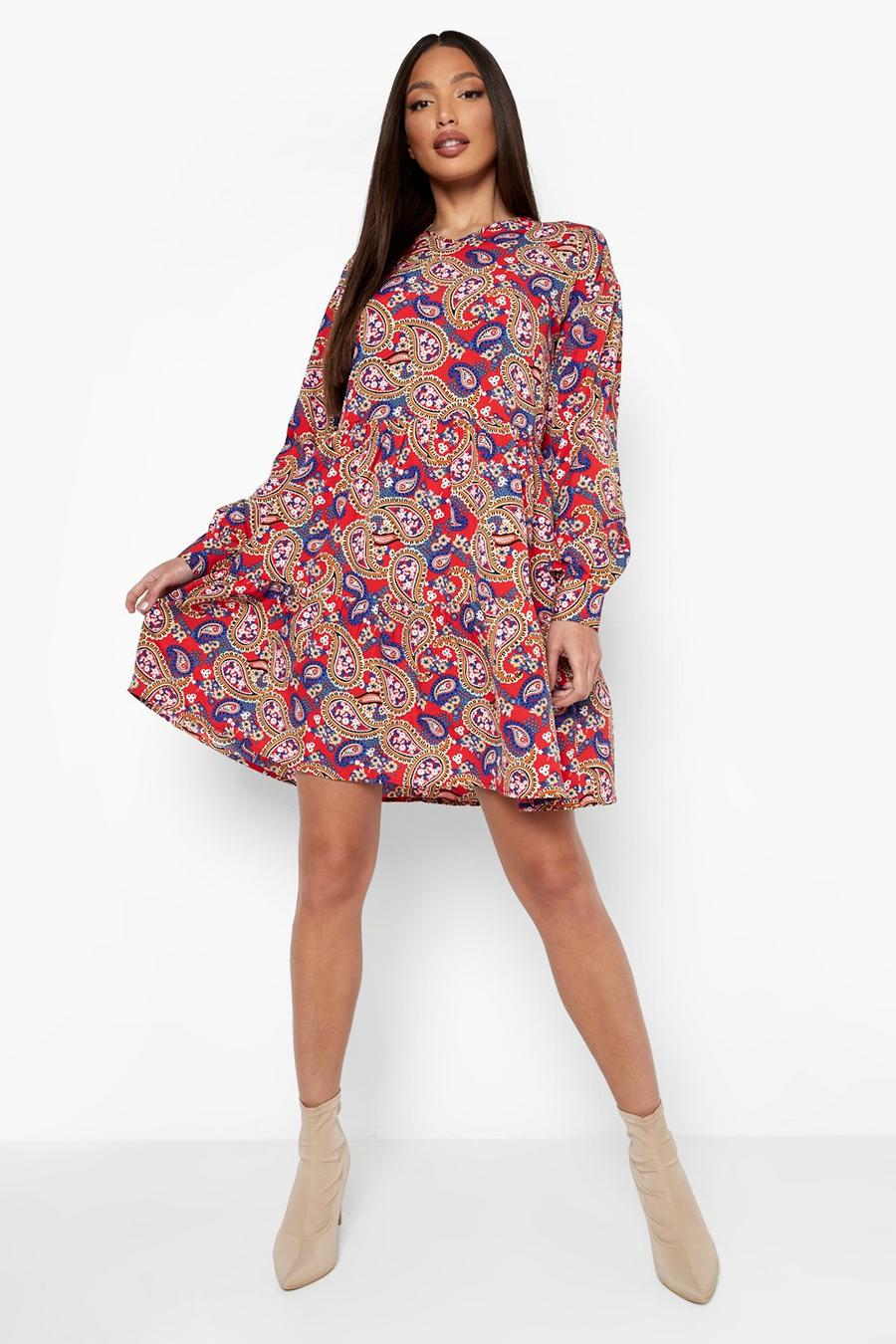 Red Tall Paisley Tired Smock Dress image number 1