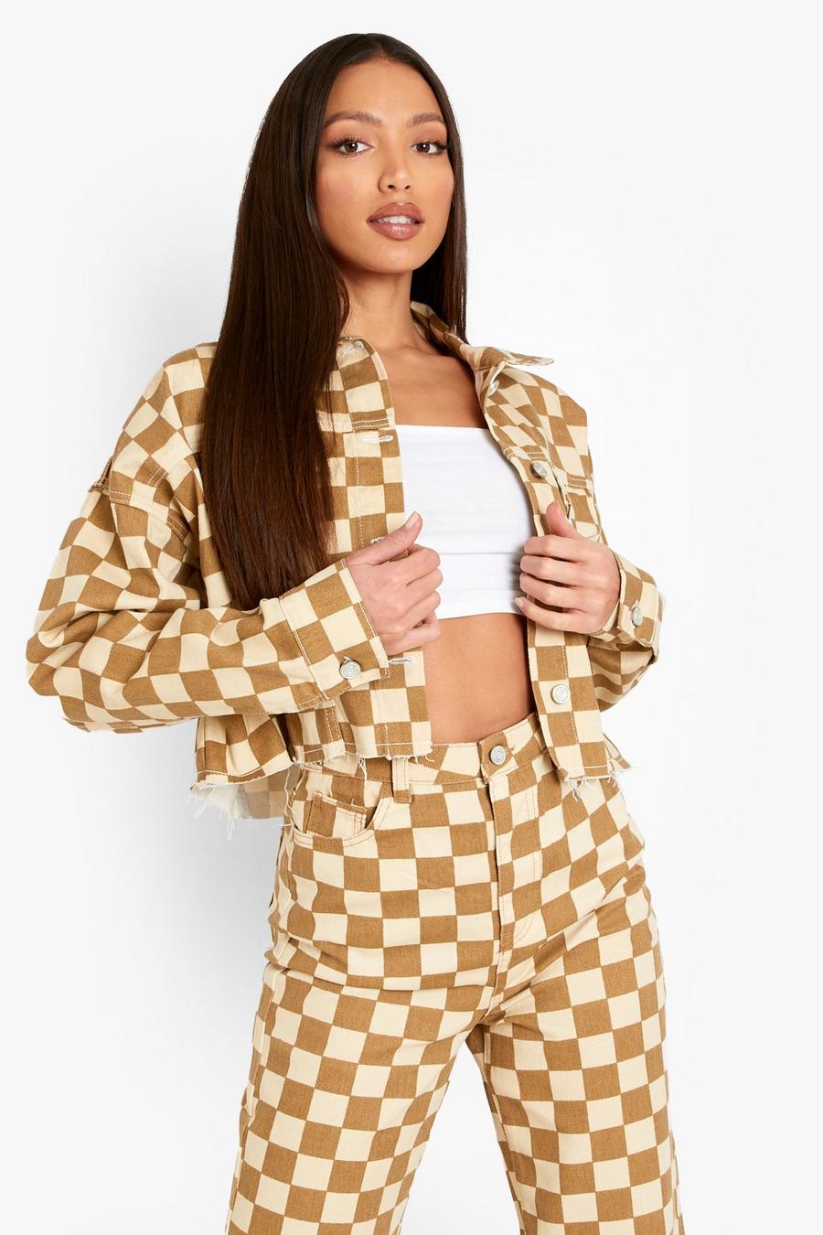 Stone Tall Checkerboard Printed Denim Jacket image number 1