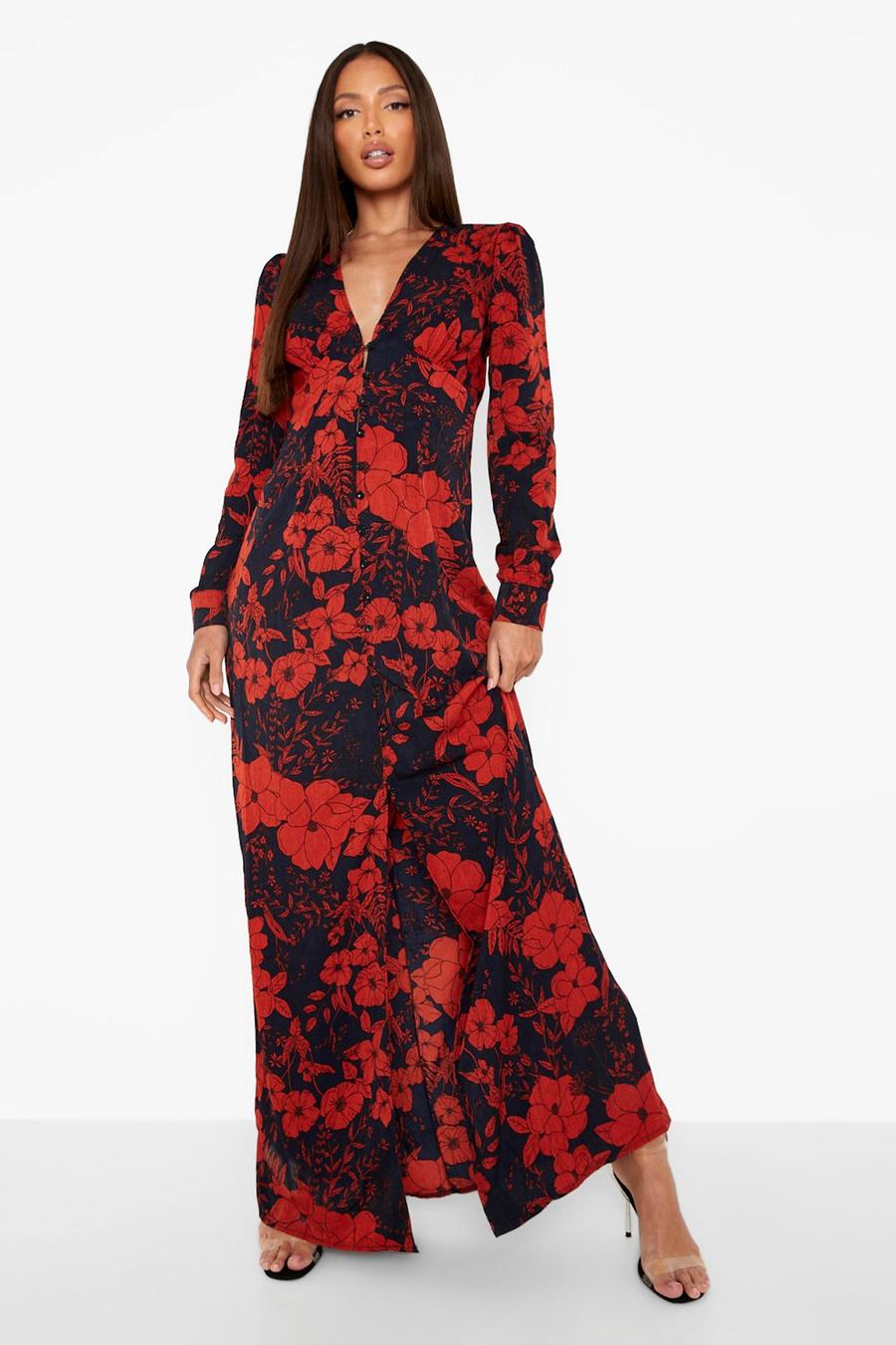 Red Tall Floral Print Button Through Maxi Dress