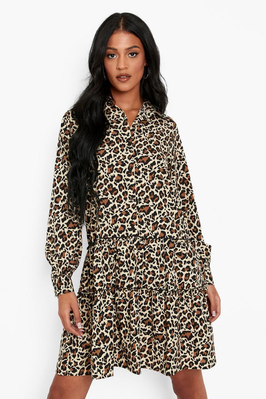 Brown Tall Leopard Tiered Shirt Dress image number 1