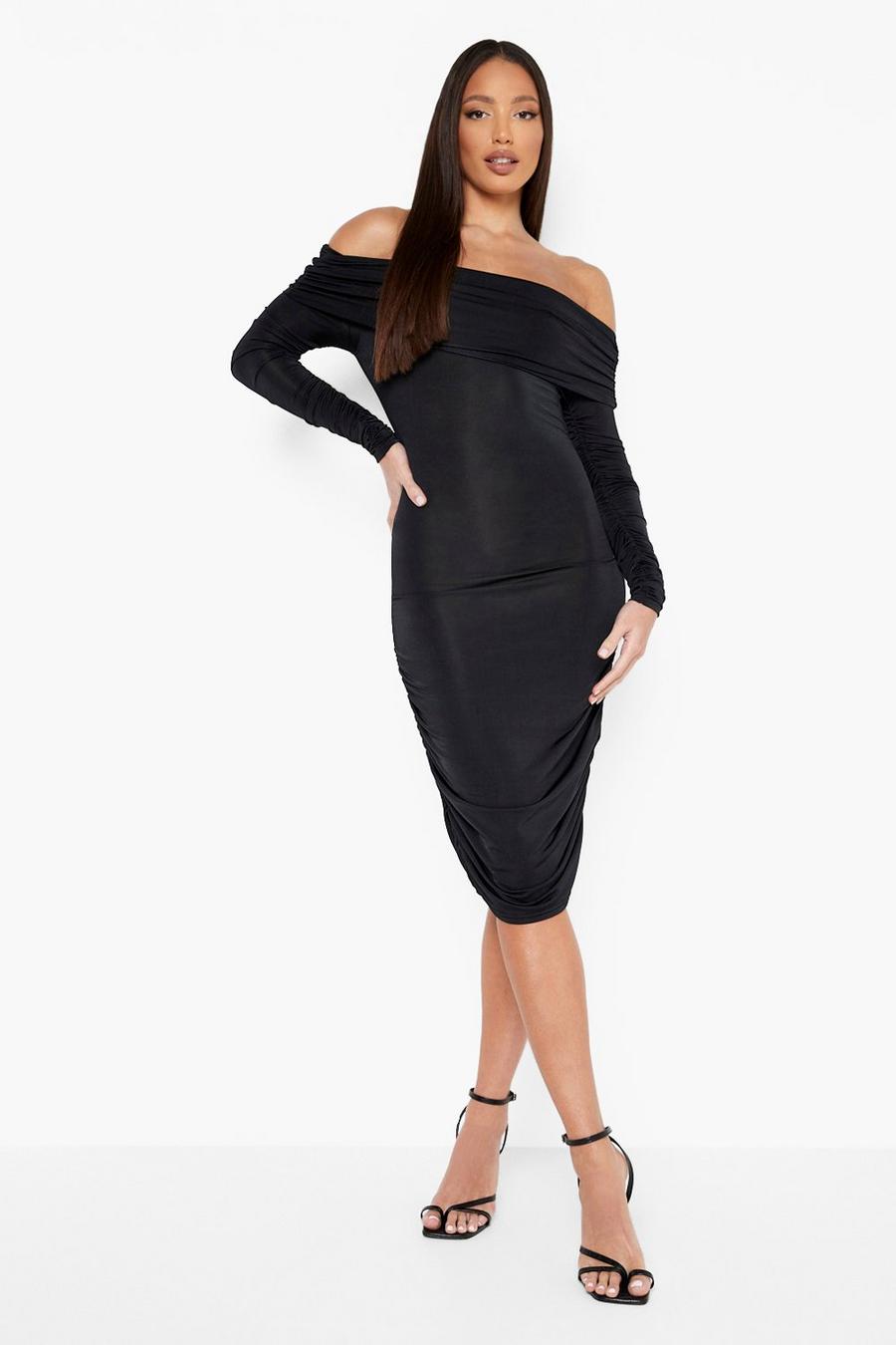 Black Tall Ruched Off The Shoulder Bodycon Dress image number 1