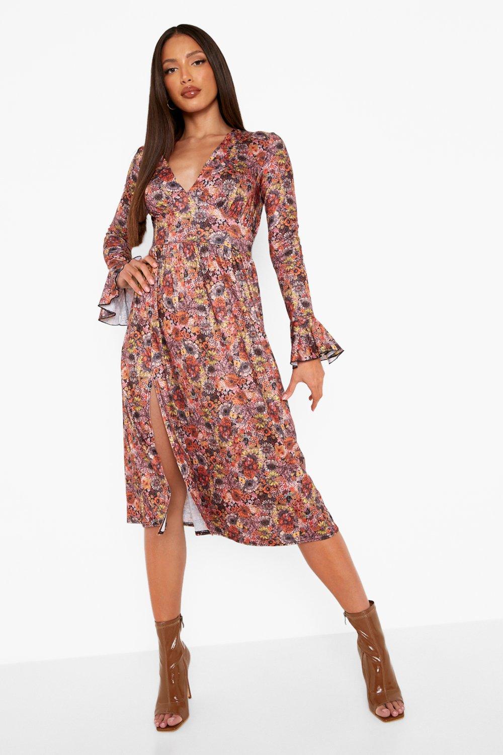 Women's Tall Floral Long Sleeve Midi ...