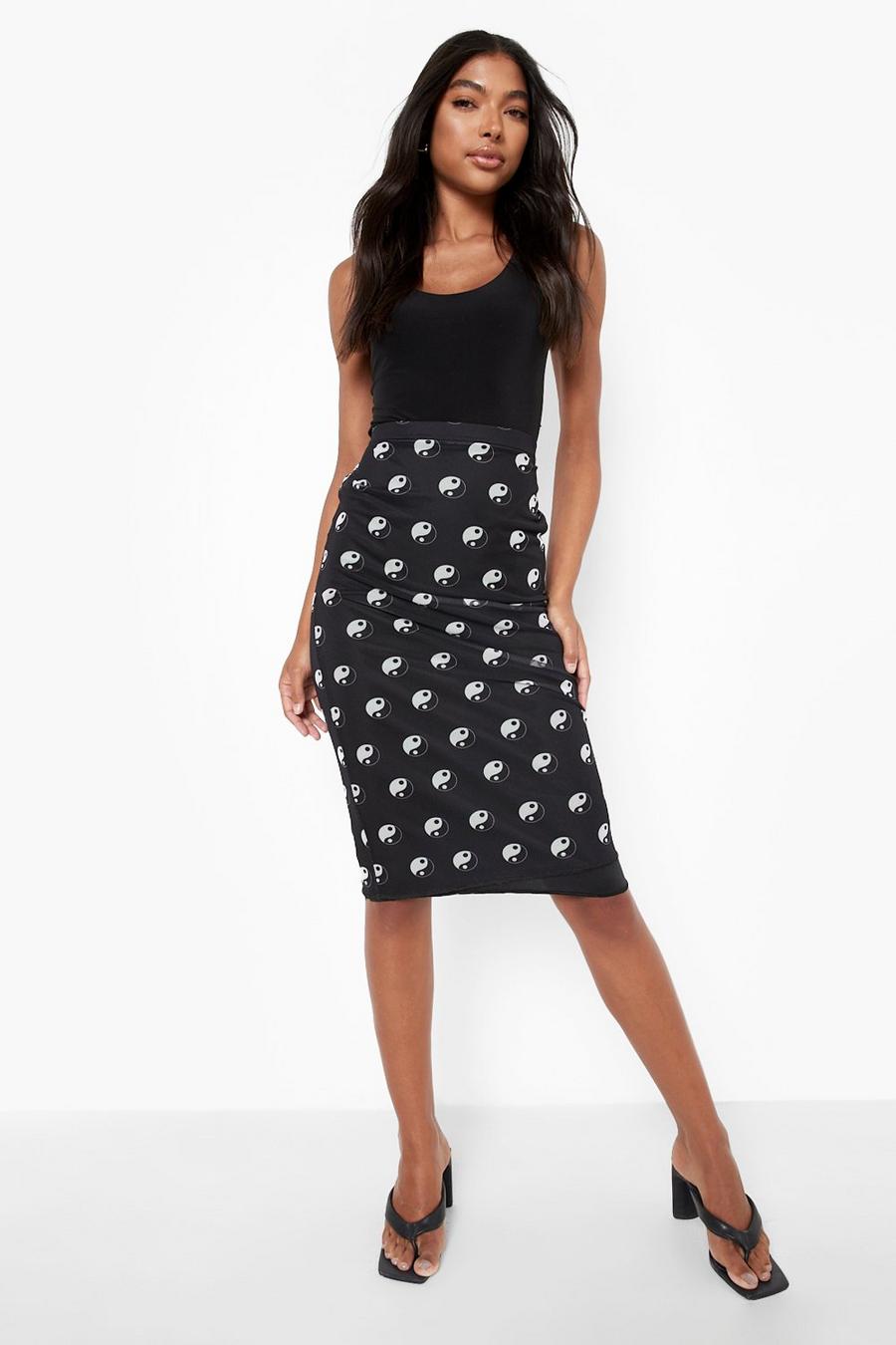 Black Tall Yin Yang Print Mesh Midi Skirt