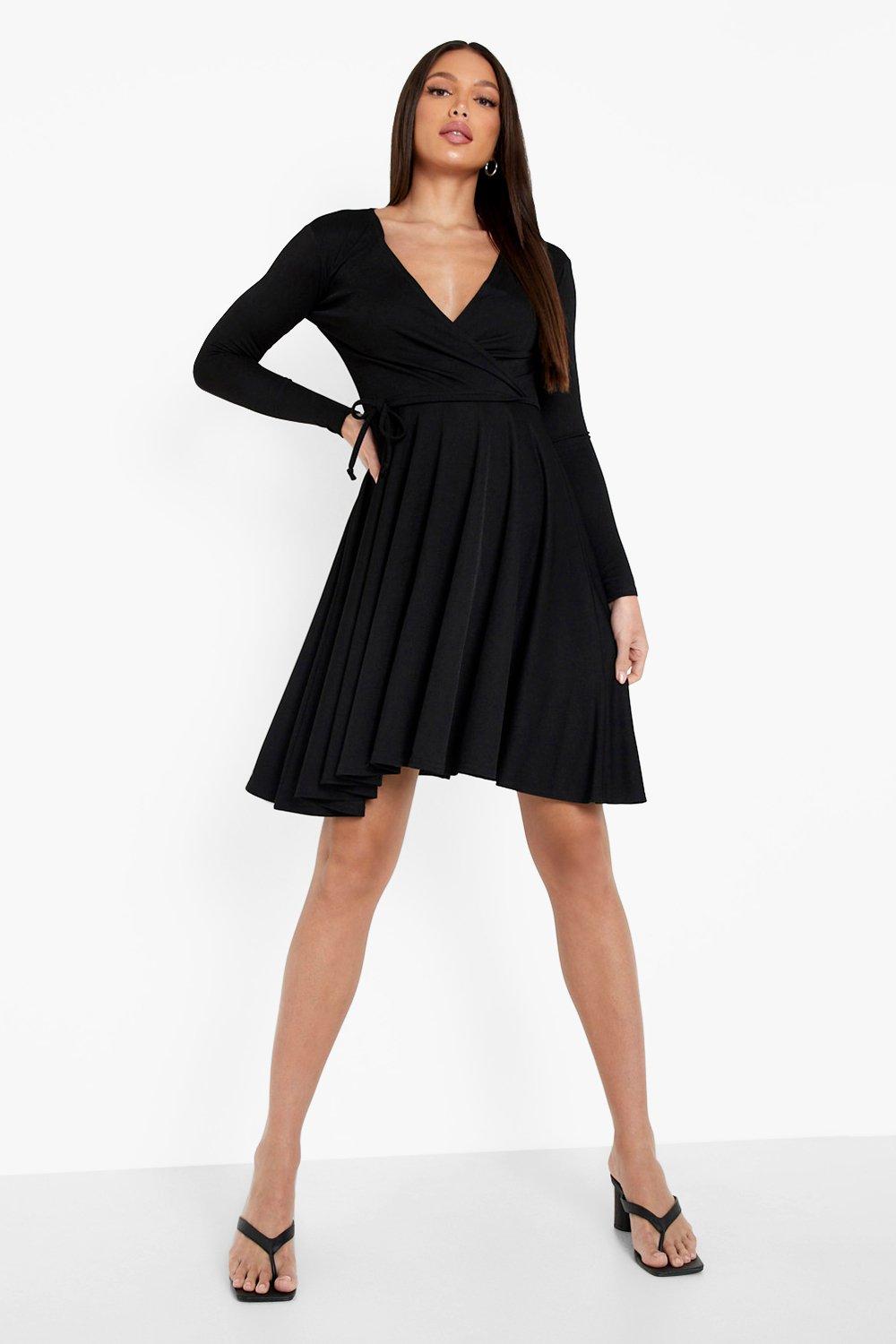 Long sleeve hot sale wrap skater dress