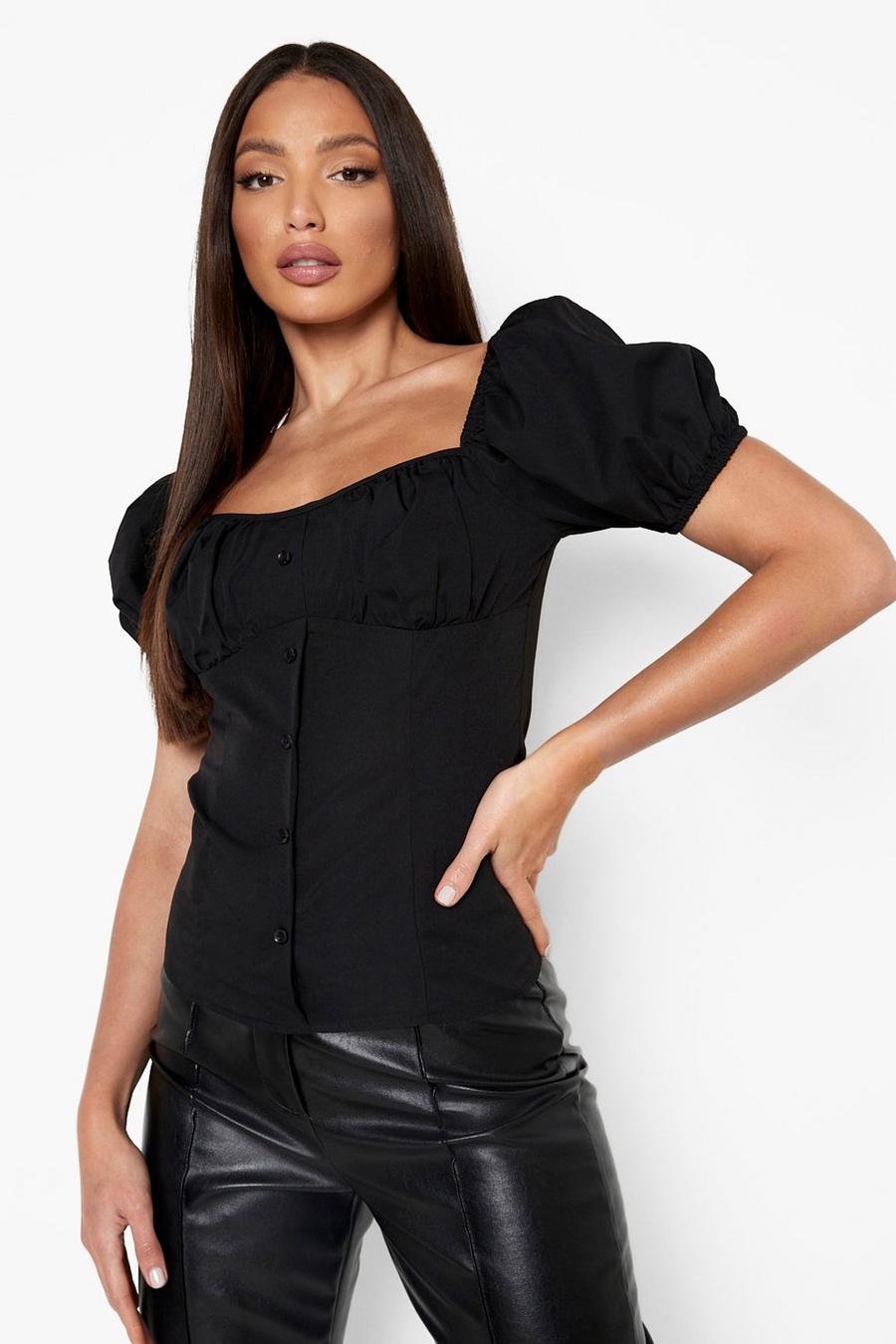 Black Tall Corset Puff Sleeve Woven Top image number 1