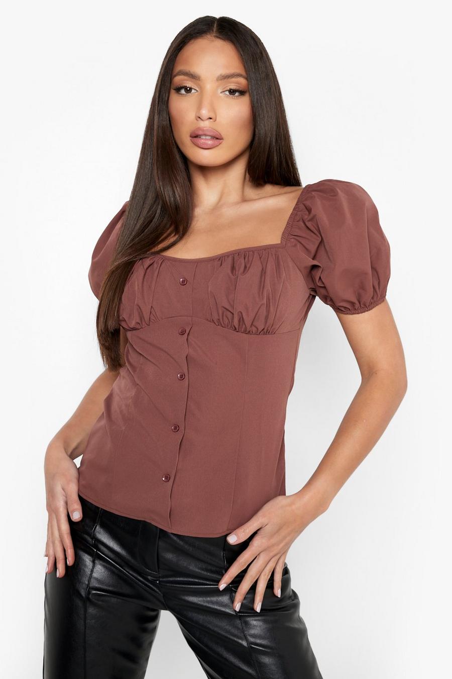 Chocolate Tall Corset Puff Sleeve Woven Top image number 1
