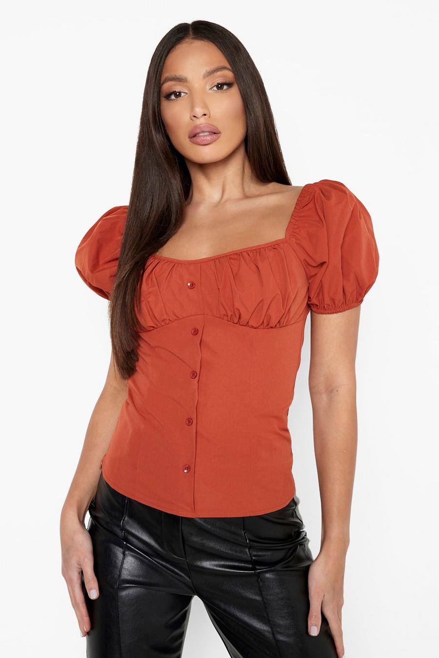 Rust Tall Corset Puff Sleeve Woven Top image number 1