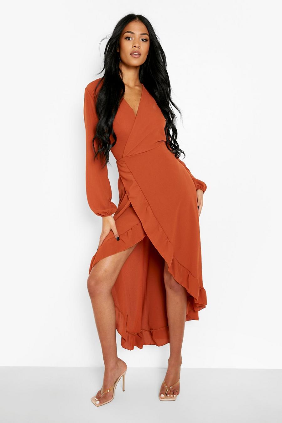 Rust orange Tall Ruffle Midaxi Wrap Dress