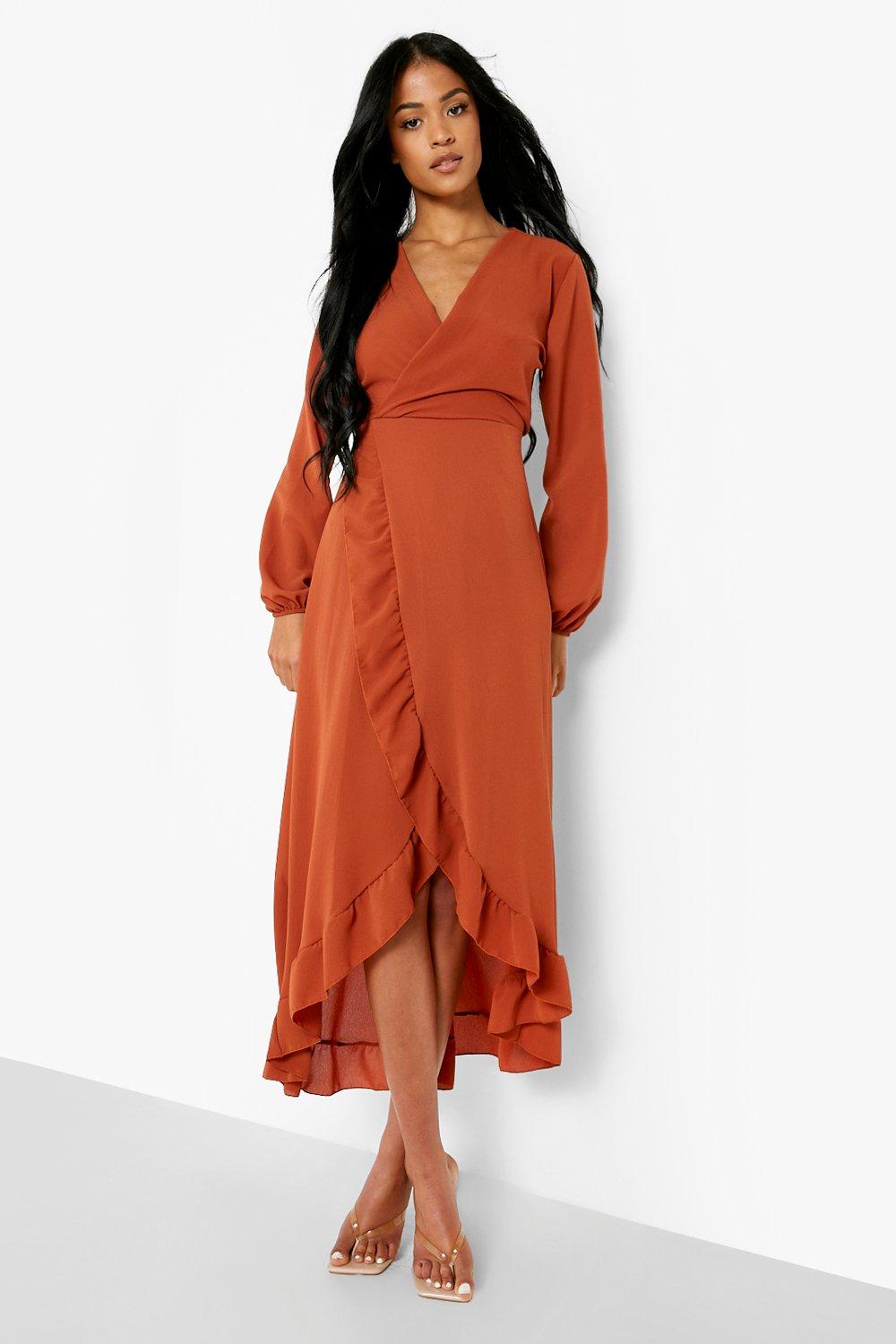 Women's Tall Ruffle Midaxi Wrap Dress | Boohoo UK