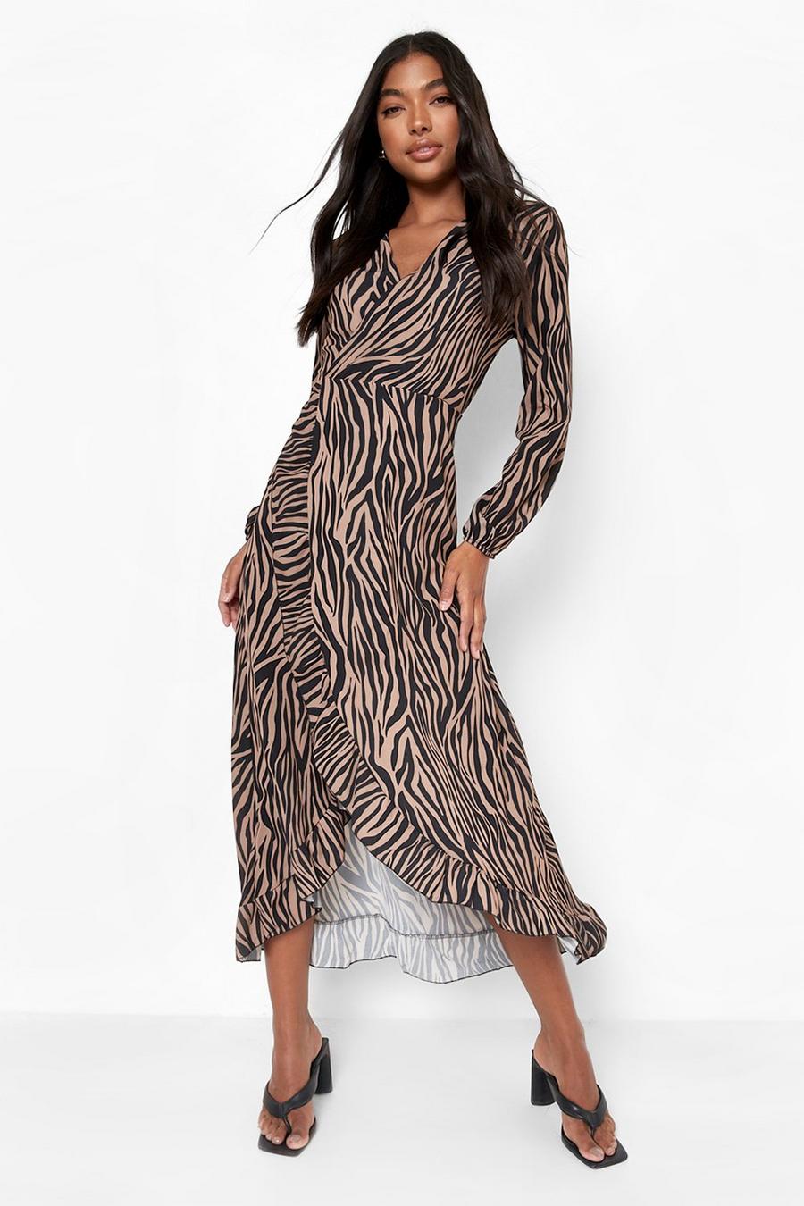 Black Tall Tiger Print Ruffle Midaxi Wrap Dress image number 1