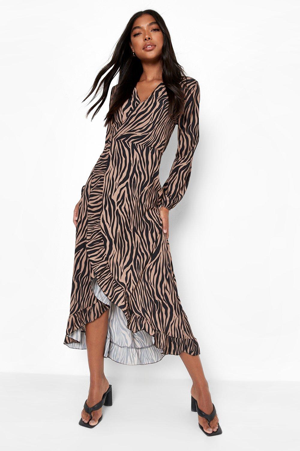 Women's Tall Tiger Print Ruffle Maxi Wrap Dress | Boohoo UK