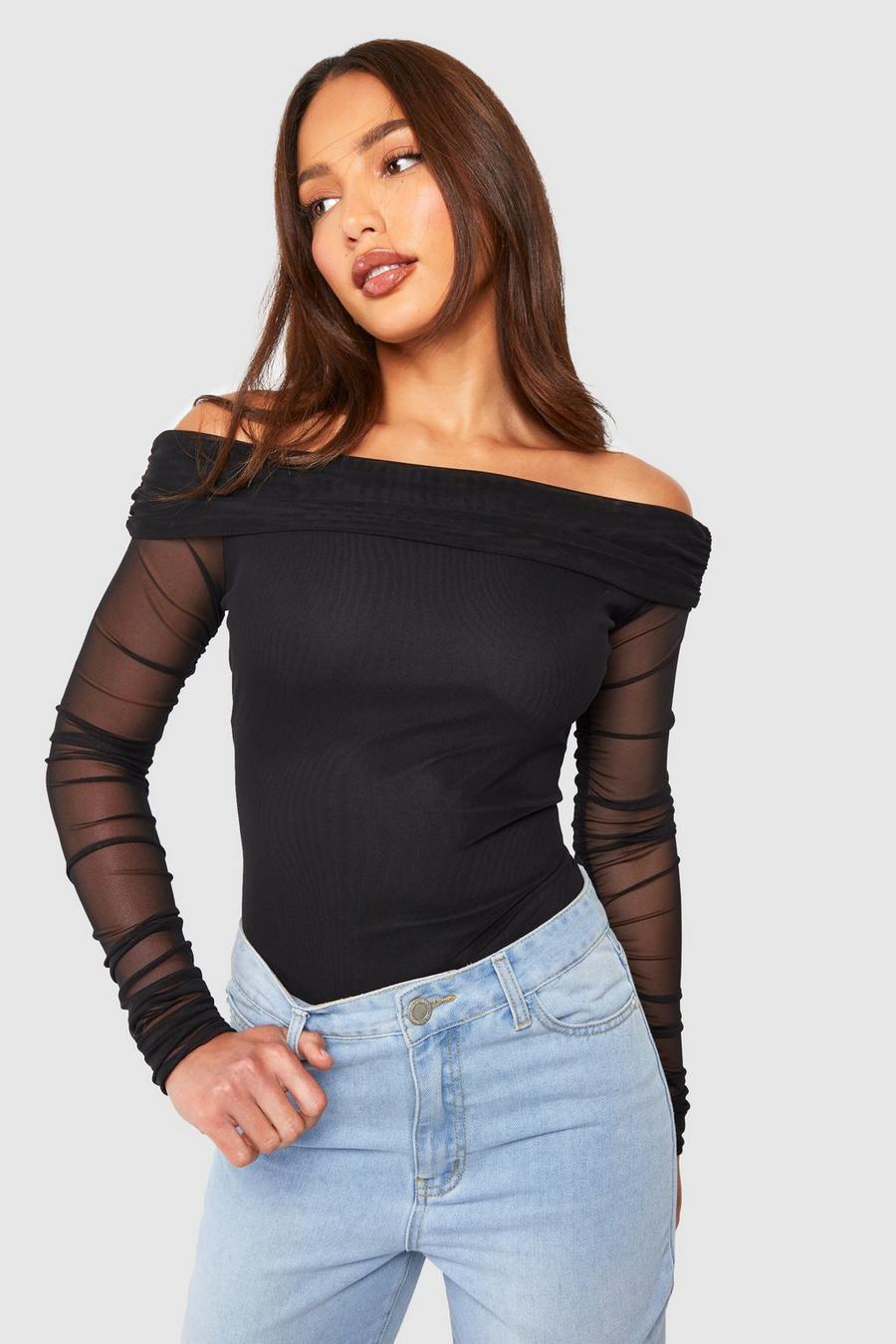 Black Tall Off The Shoulder Mesh Bodysuit image number 1