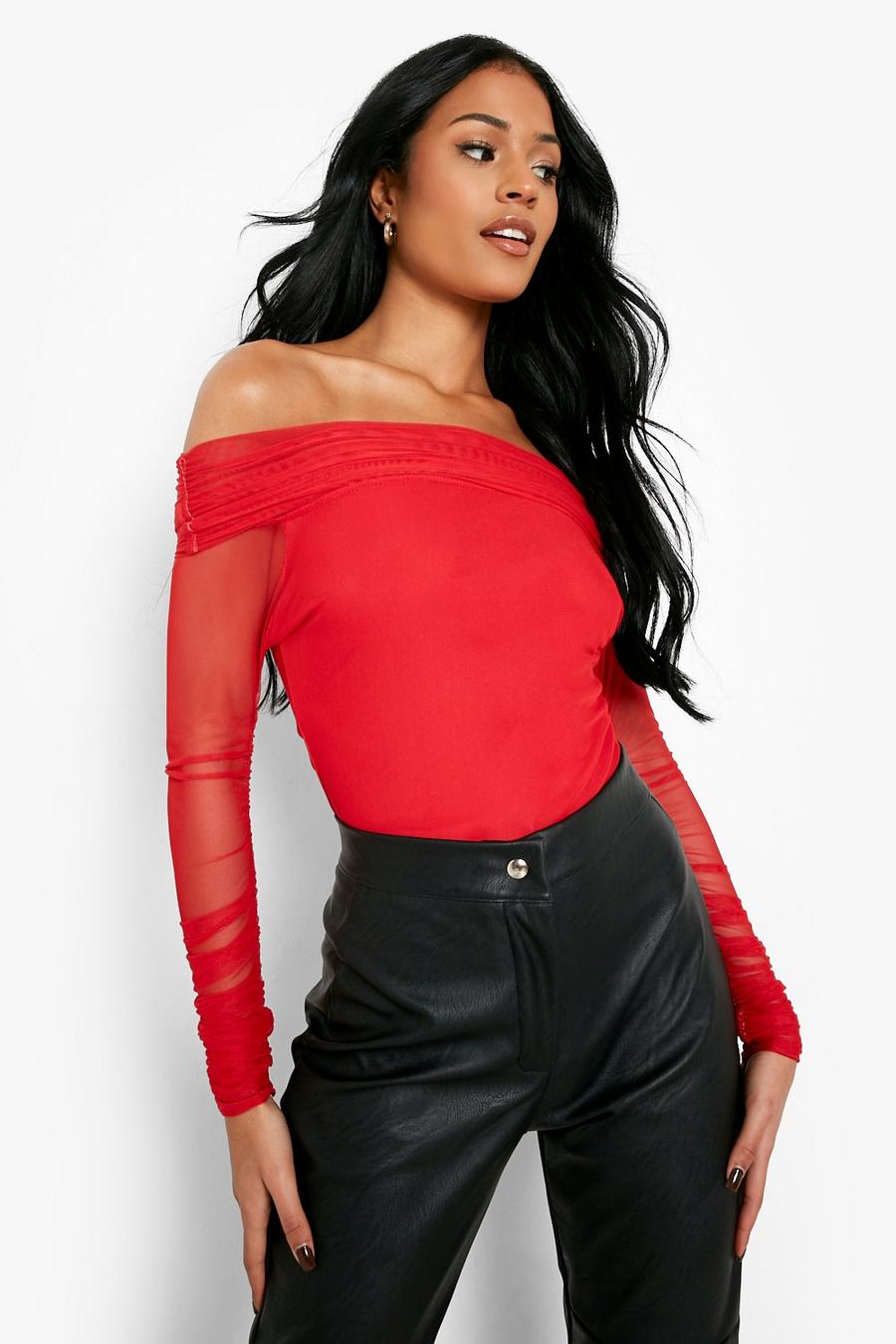 Red Tall Off The Shoulder Mesh Bodysuit image number 1