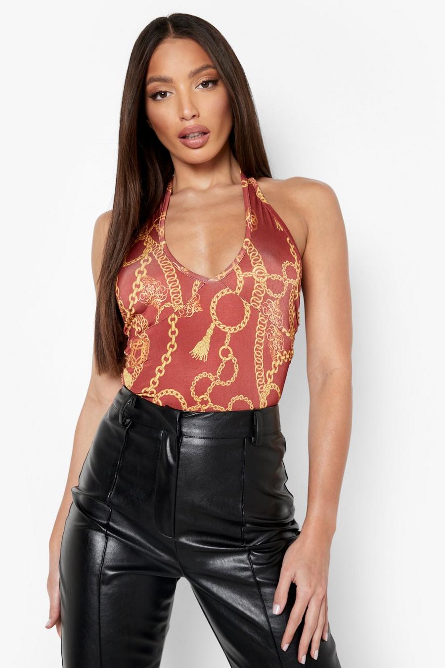 Rust Tall Chain Print Halted Keyhole Bodysuit image number 1