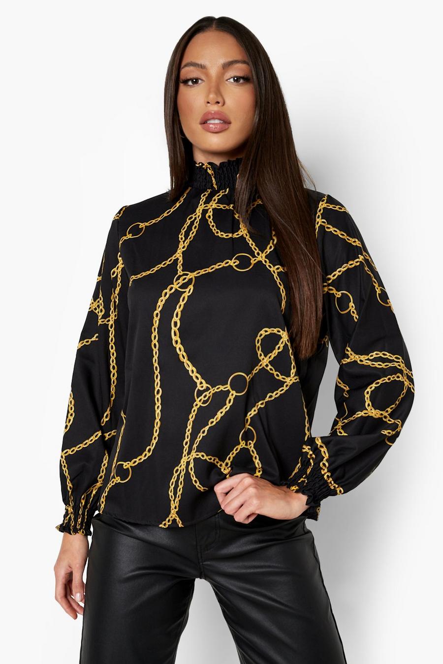 Black Tall Shirred Chain Print Blouse image number 1