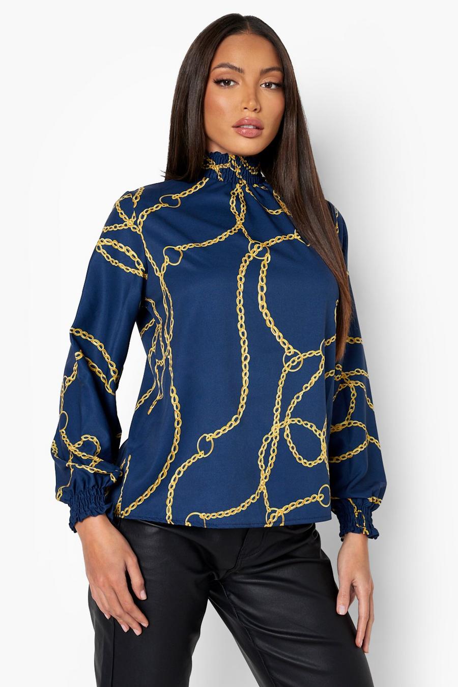 Navy Tall Shirred Chain Print Blouse image number 1