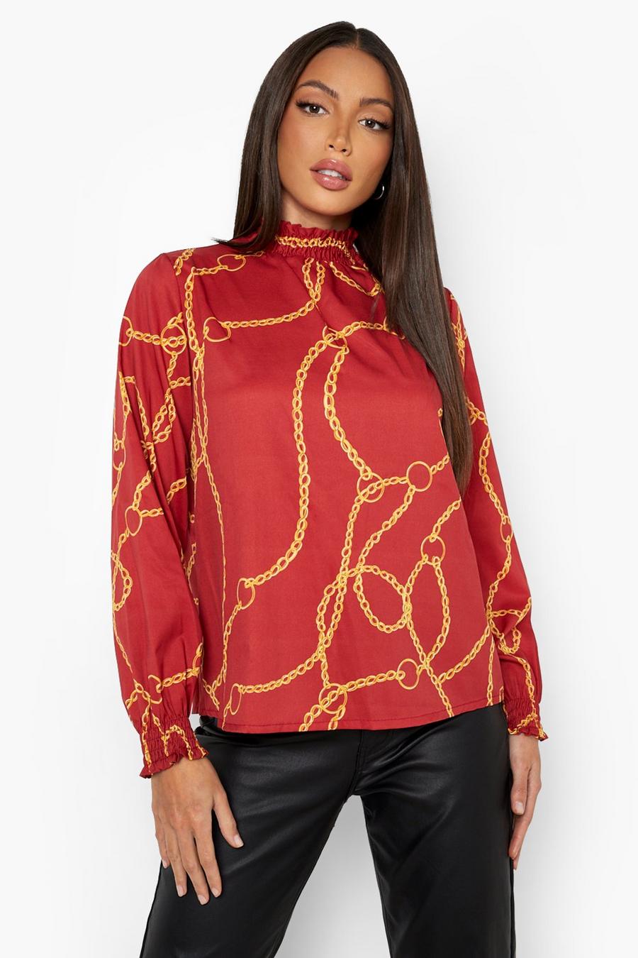 Red Tall Shirred Chain Print Blouse image number 1