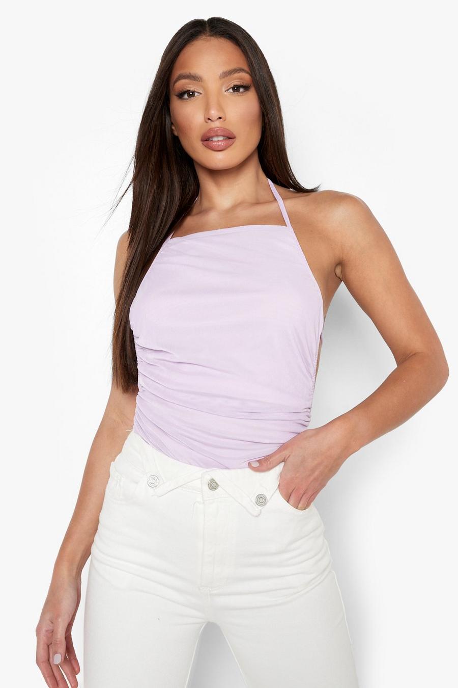 Lilac Tall Ruched Halter Mesh Bodysuit image number 1