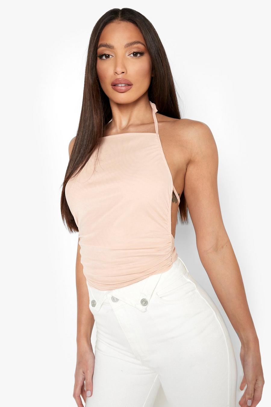 Nude Tall Ruched Halter Mesh Bodysuit image number 1