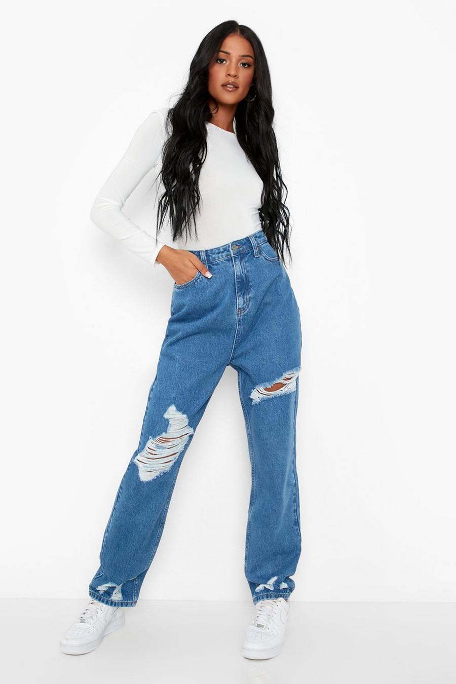 Jeans Tall stile Mom con smagliature, Mid blue