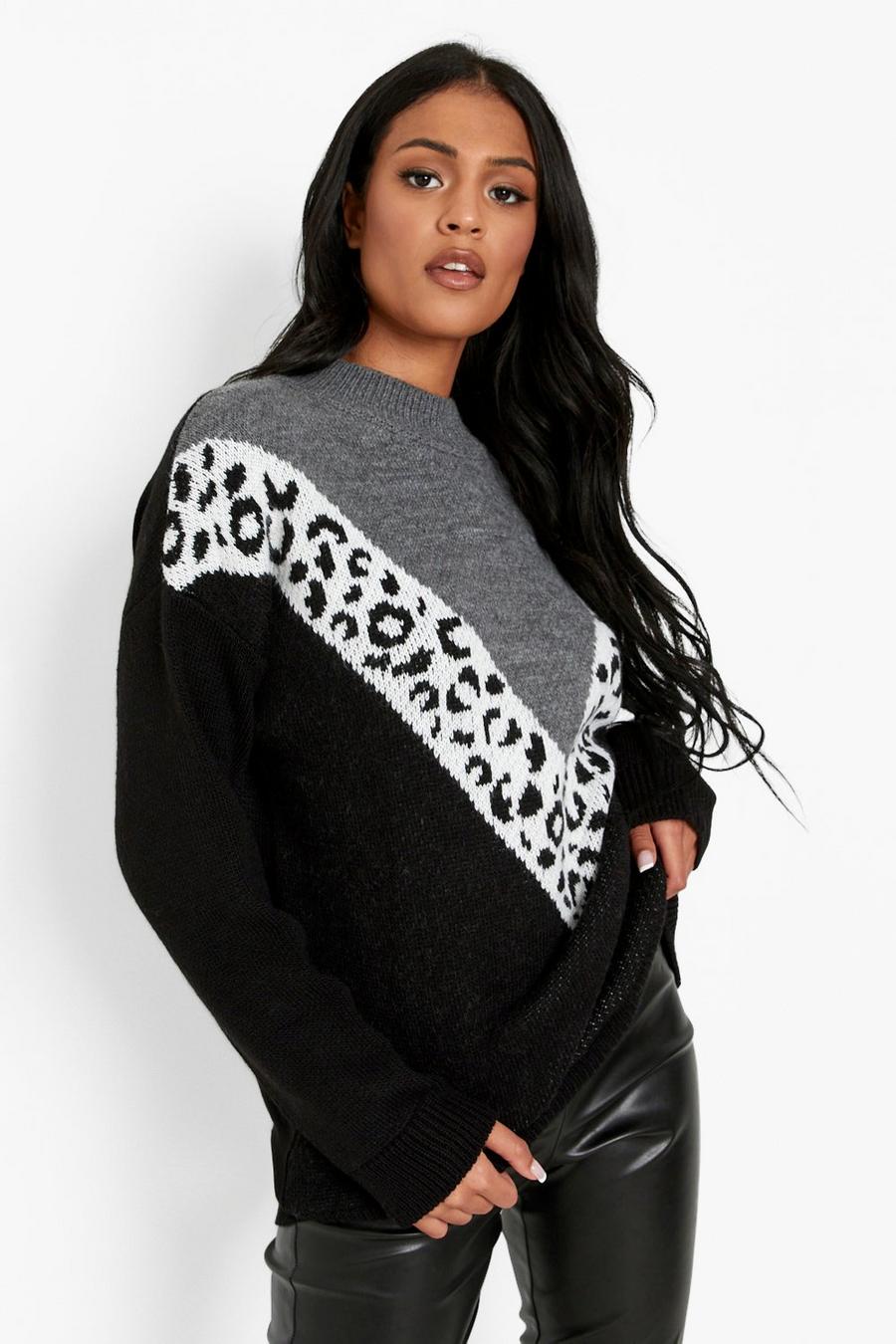 Black Tall Leopard Detail Knitted Jumper image number 1