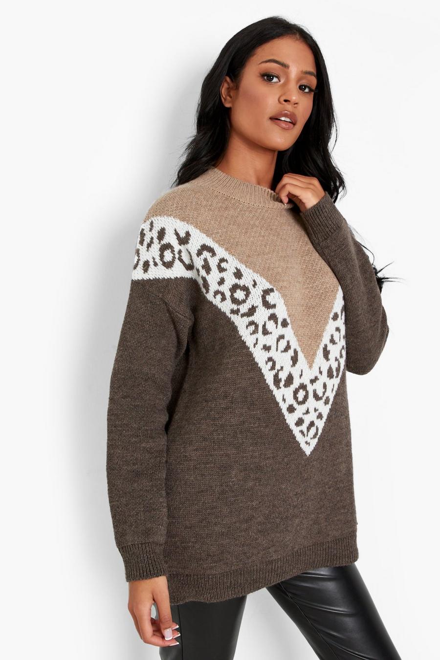 Tall Strick-Pullover mit Leoparden-Detail, Chocolate image number 1