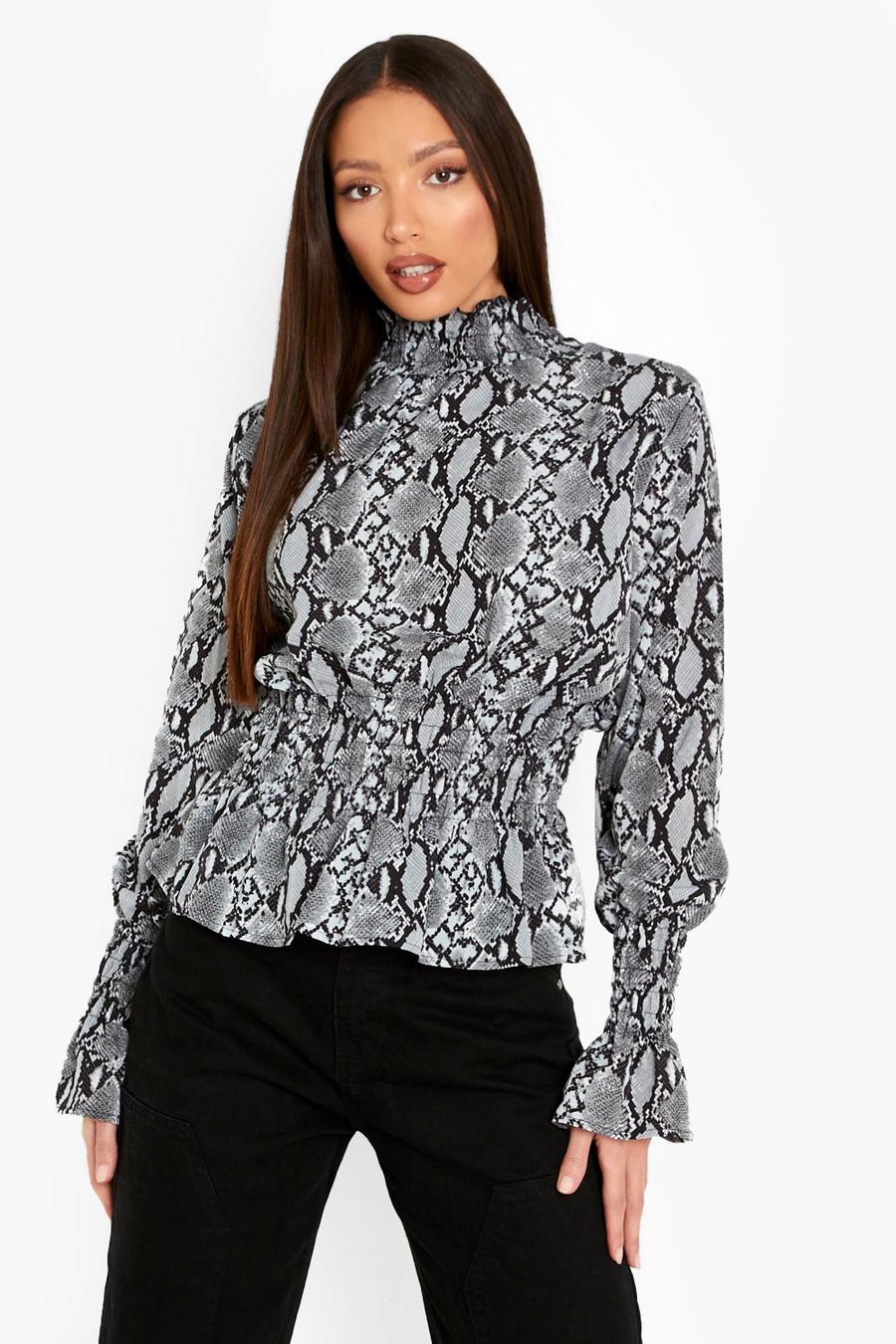 Grey Tall Snake Print Shirred High Neck Blouse image number 1