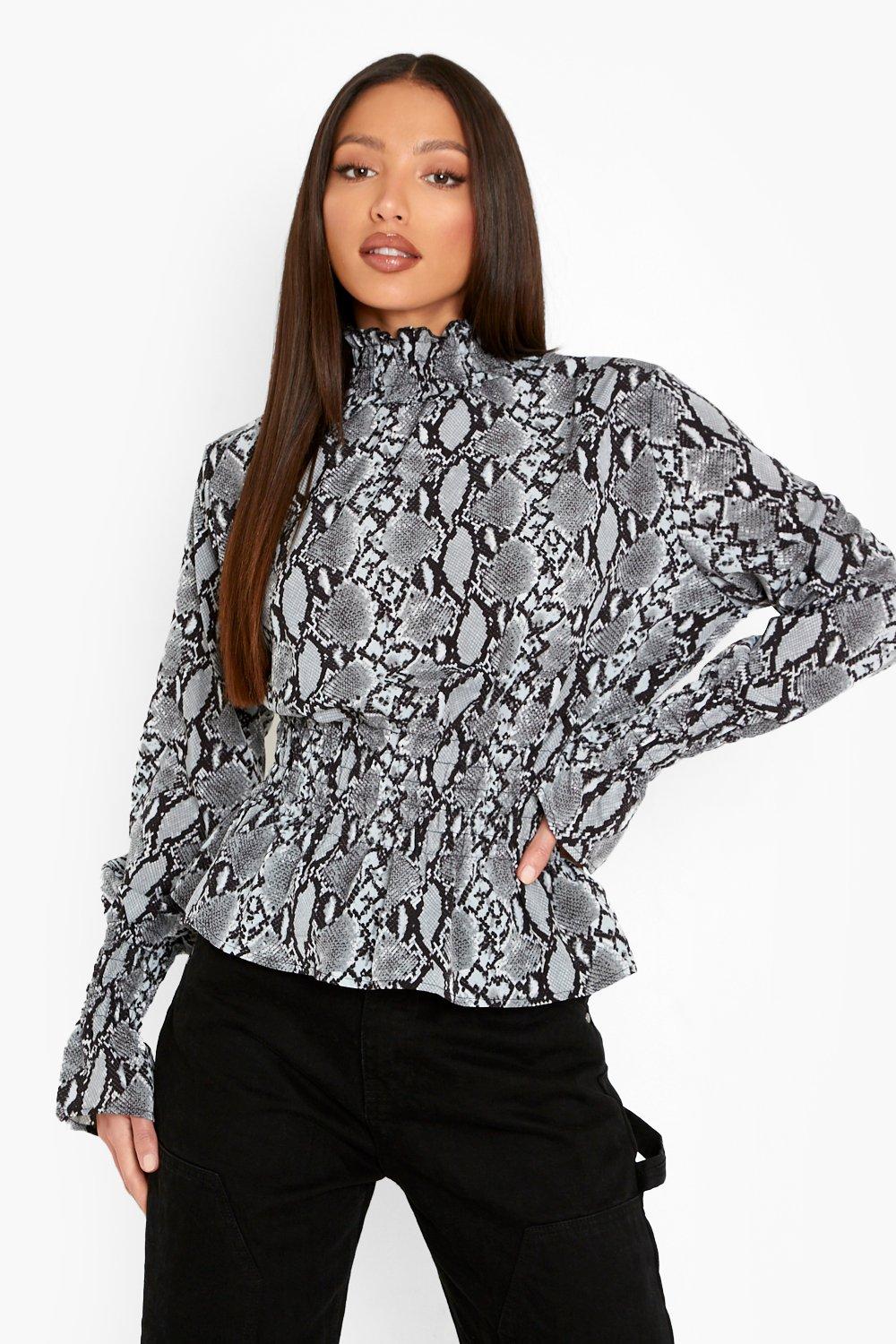 Tall Snake Print Shirred High Neck Blouse