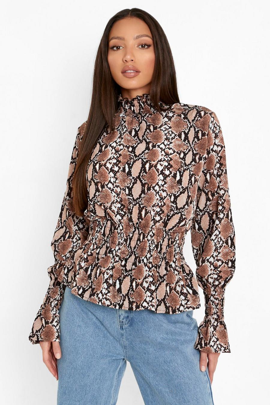 Stone Tall Snake Print Shirred High Neck Blouse image number 1