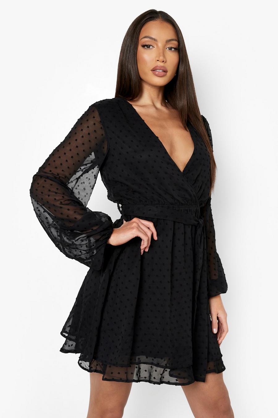 שחור שמלת סקייטר מבד רשת רב שכבתית באריגת דובי לנשים גבוהות image number 1
