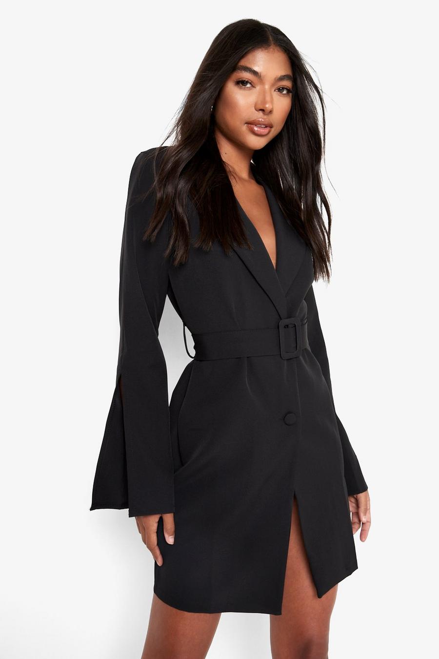 שחור שמלת בלייזר ארוגה עם שרוולים שסועים לנשים גבוהות image number 1