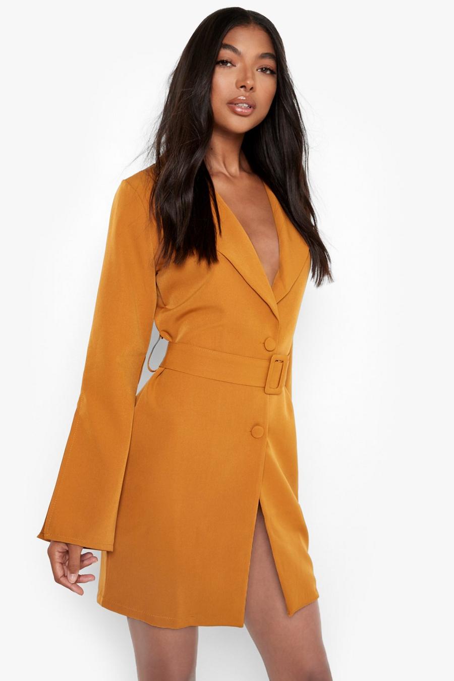 Mustard Tall Split Sleeve Woven Blazer Dress image number 1