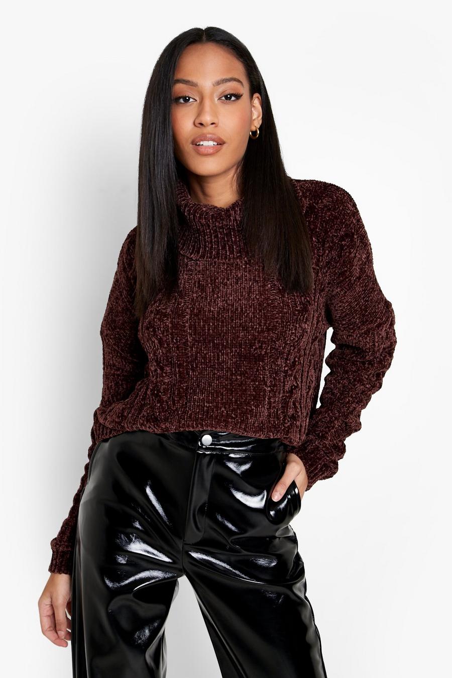 Chocolate Tall Chenille Cable Roll Neck Jumper image number 1