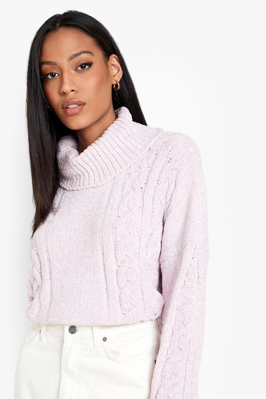Lavender Tall Chenille Cable Roll Neck Jumper image number 1