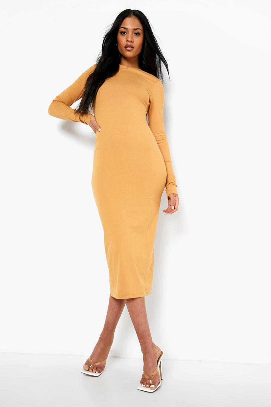 Tan Tall Basic Long Sleeve Bodycon Midi Dress image number 1
