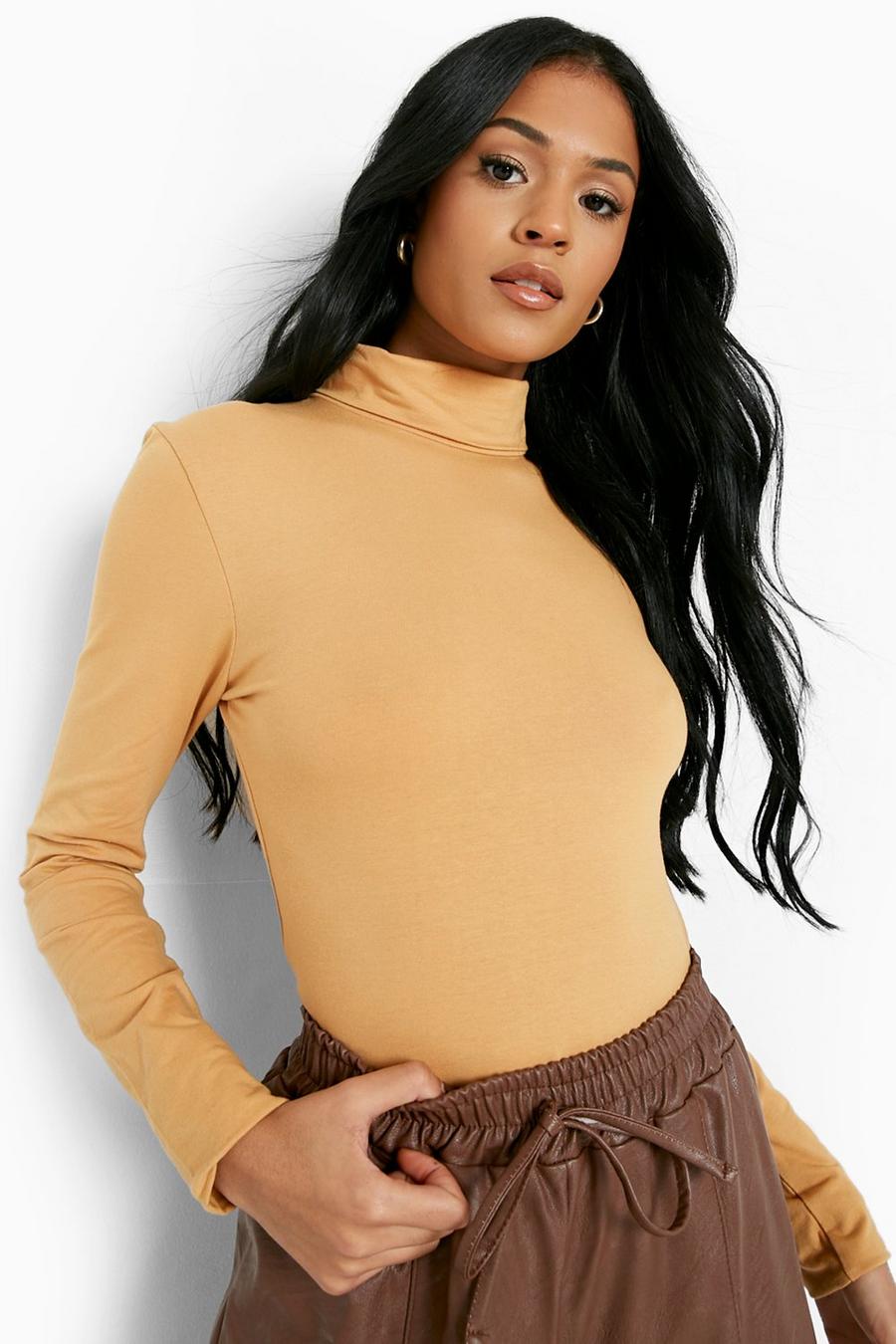 Tan brown Tall Basic Roll Neck Long Sleeve Bodysuit image number 1