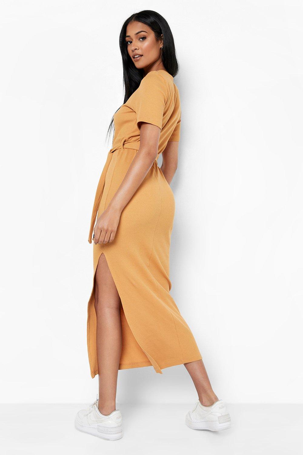 Tall Side Split Belted Rib T-Shirt Dress | boohoo USA