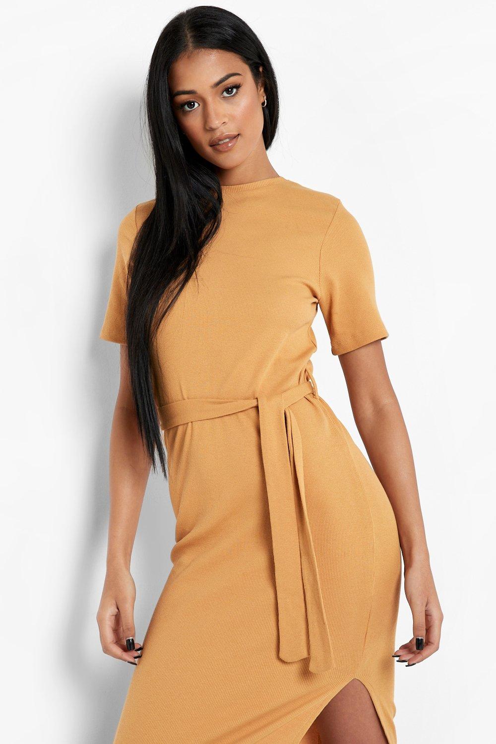 Tall Side Split Belted Rib T-Shirt Dress | boohoo