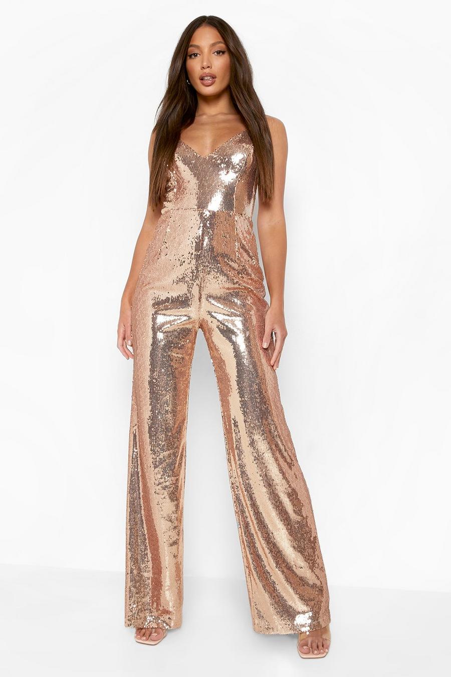 Gold Tall Strappy Sequin Jumpsuit image number 1