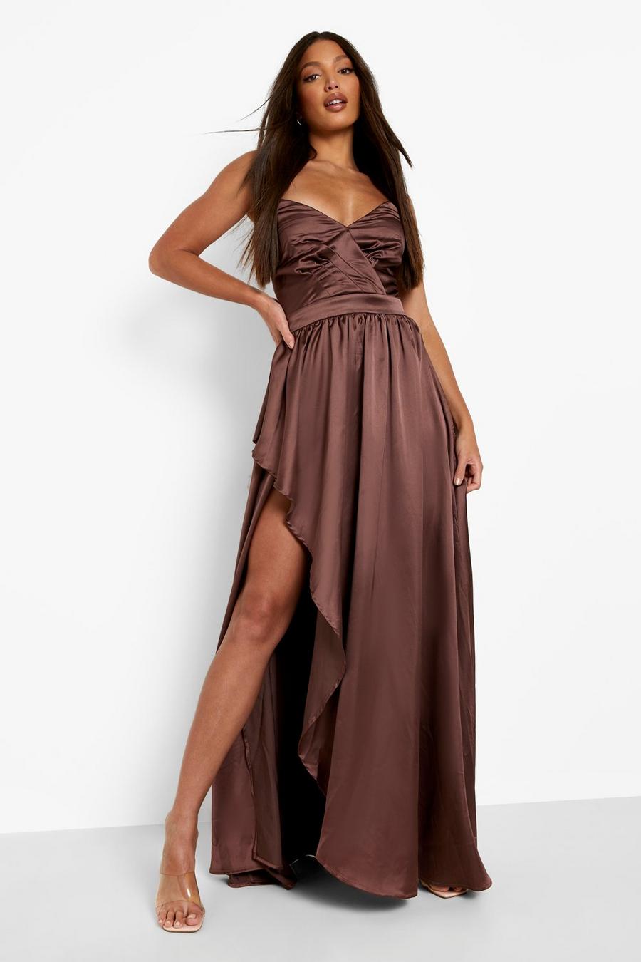 Chocolate Tall Occasion Bandeau Satin Maxi Dress image number 1