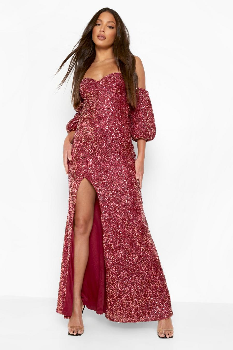 Berry Tall Occasion Sequin Puff Sleeve Maxi Dress image number 1