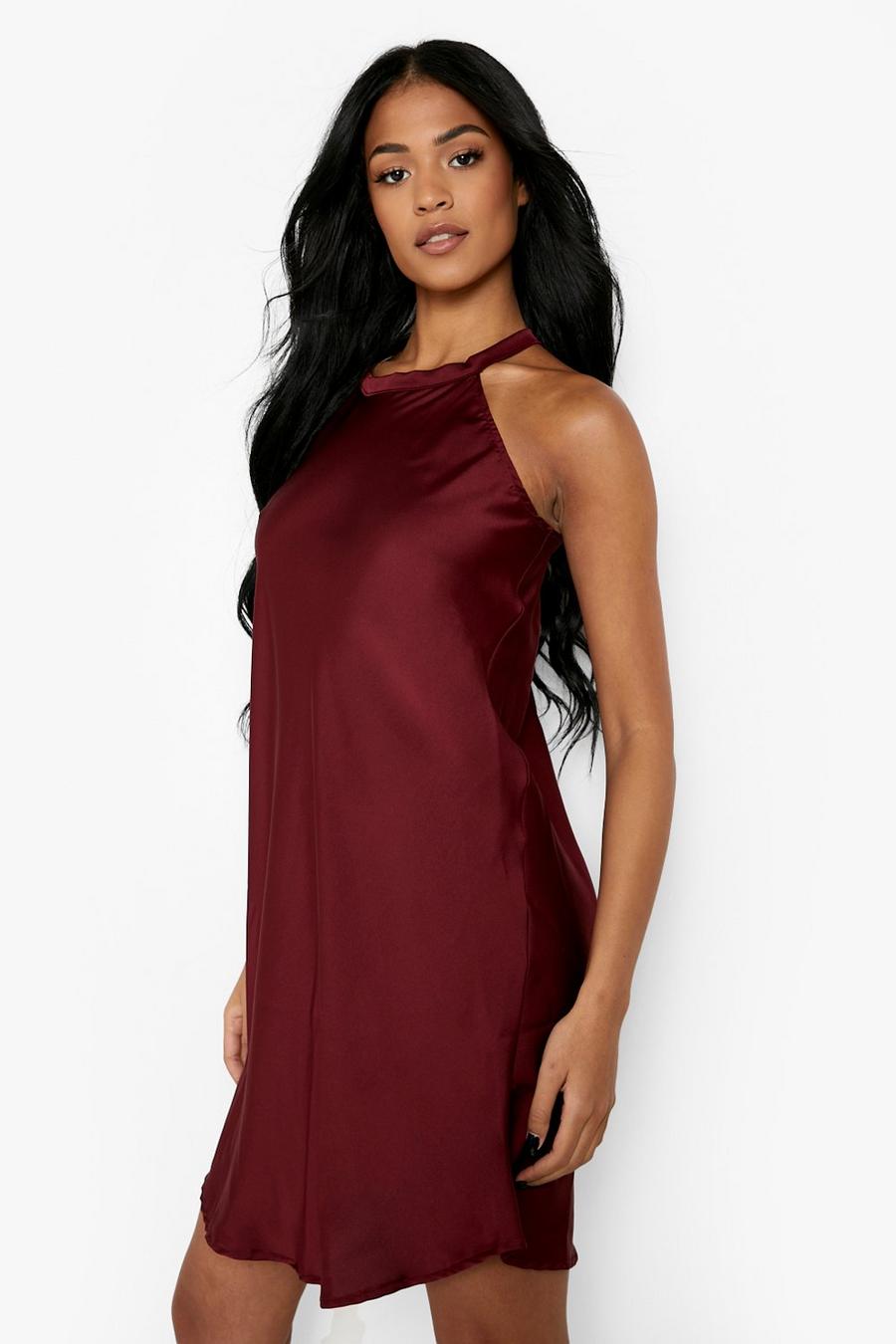 Berry Tall Satin High Neck Strap Dress image number 1