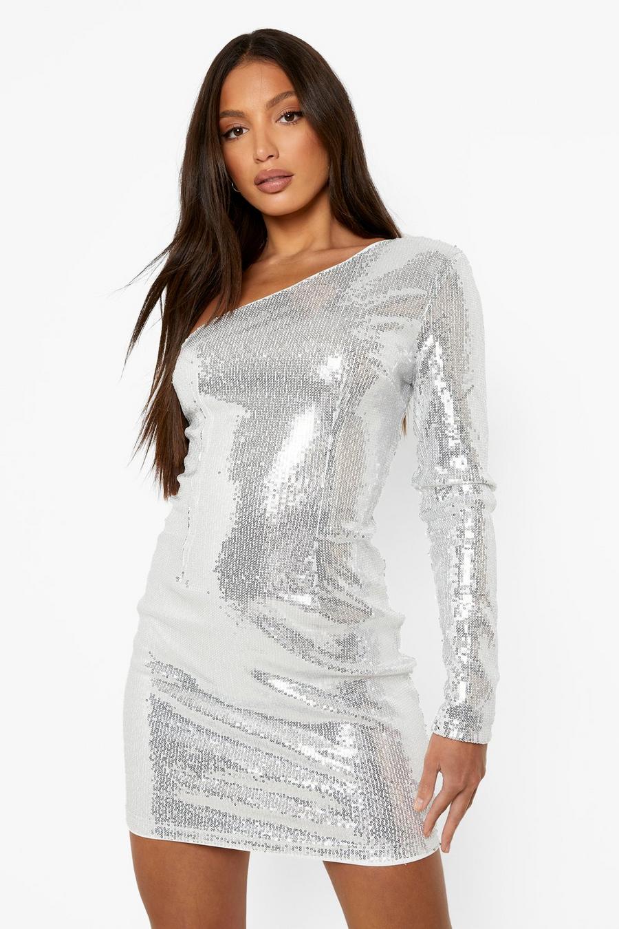 Silver Tall One Shoulder Bodycon Sequin Dress image number 1