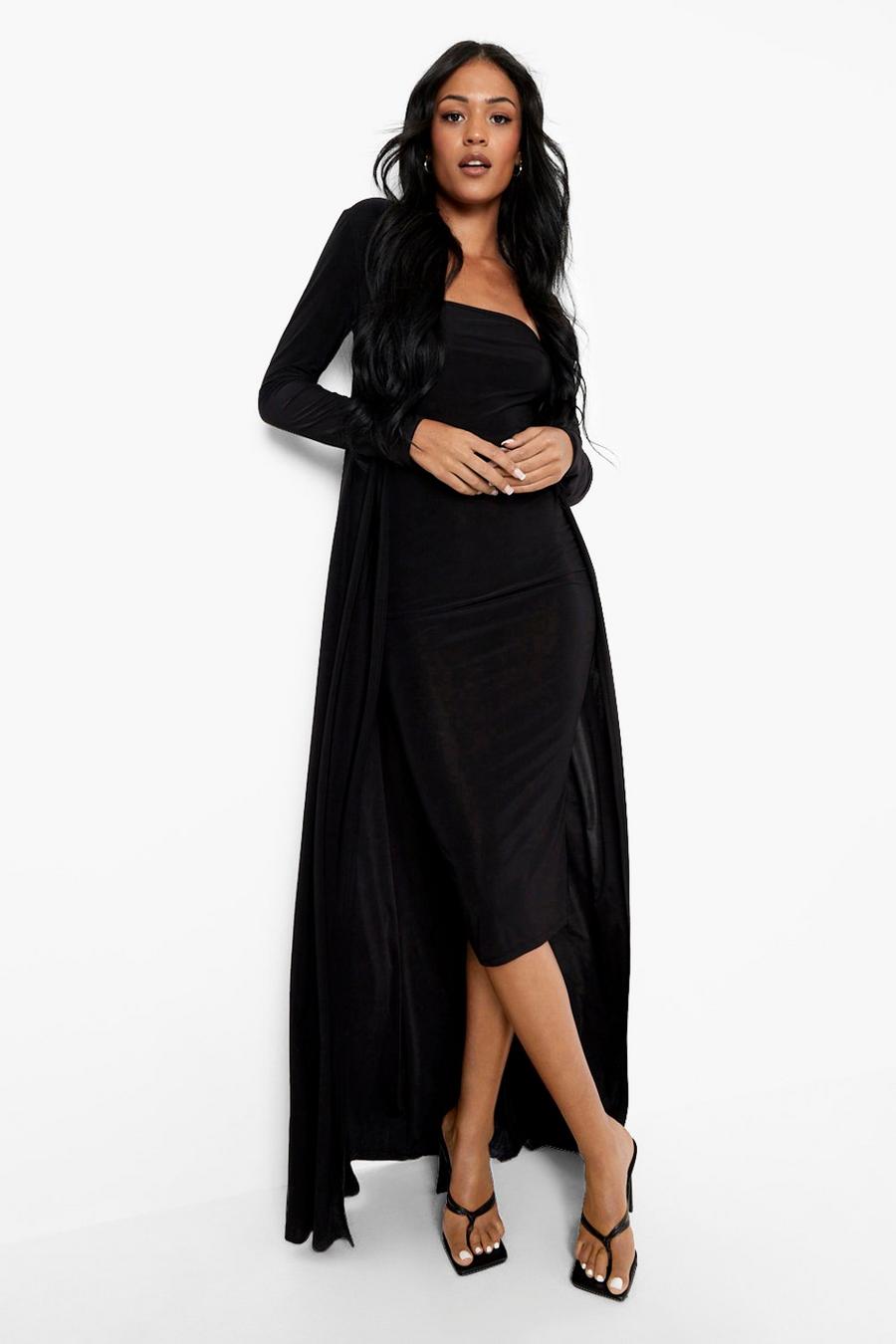 Black Tall Slinky Midi Dress Maxi Cardigan Co-Ord image number 1