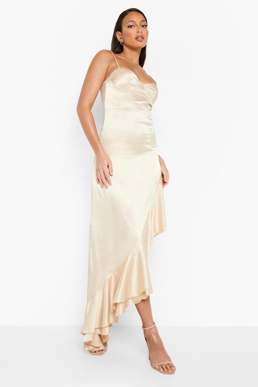 Champagne Tall Occasion Ruffle Satin Maxi Dress image number 1