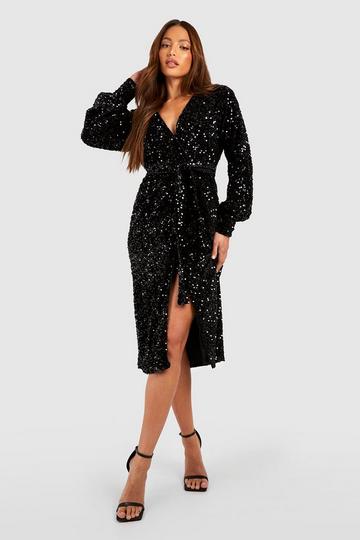 Tall Sequin Velvet Belted Midi Dress black