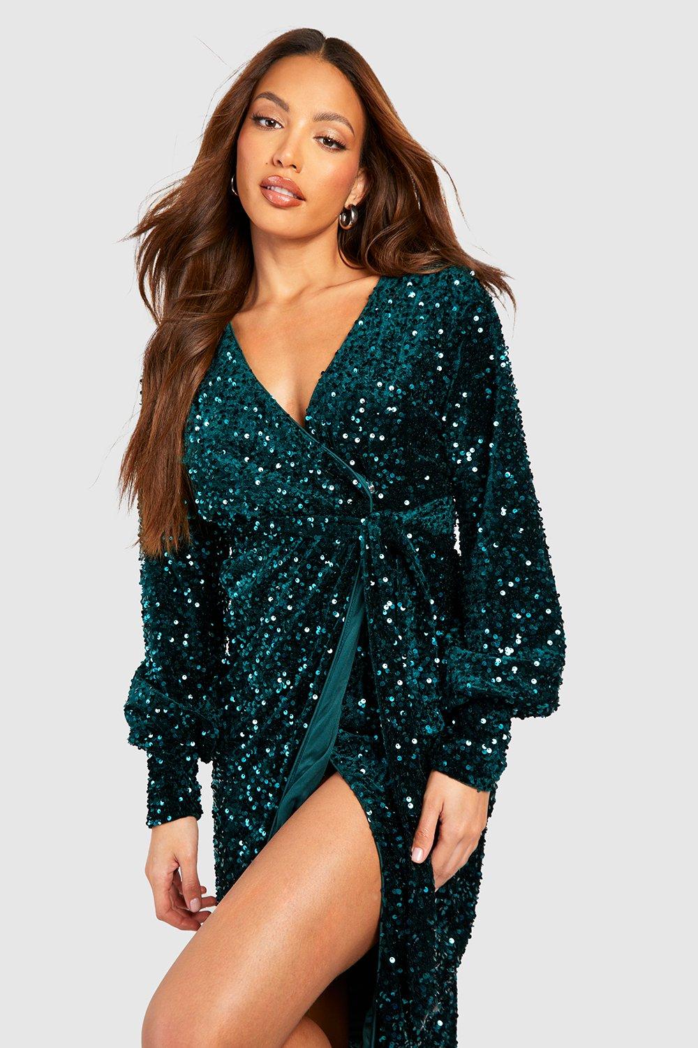 In Awe | Petite Bottle Green Sequin Wrap Long Sleeve Belted Mini Dress