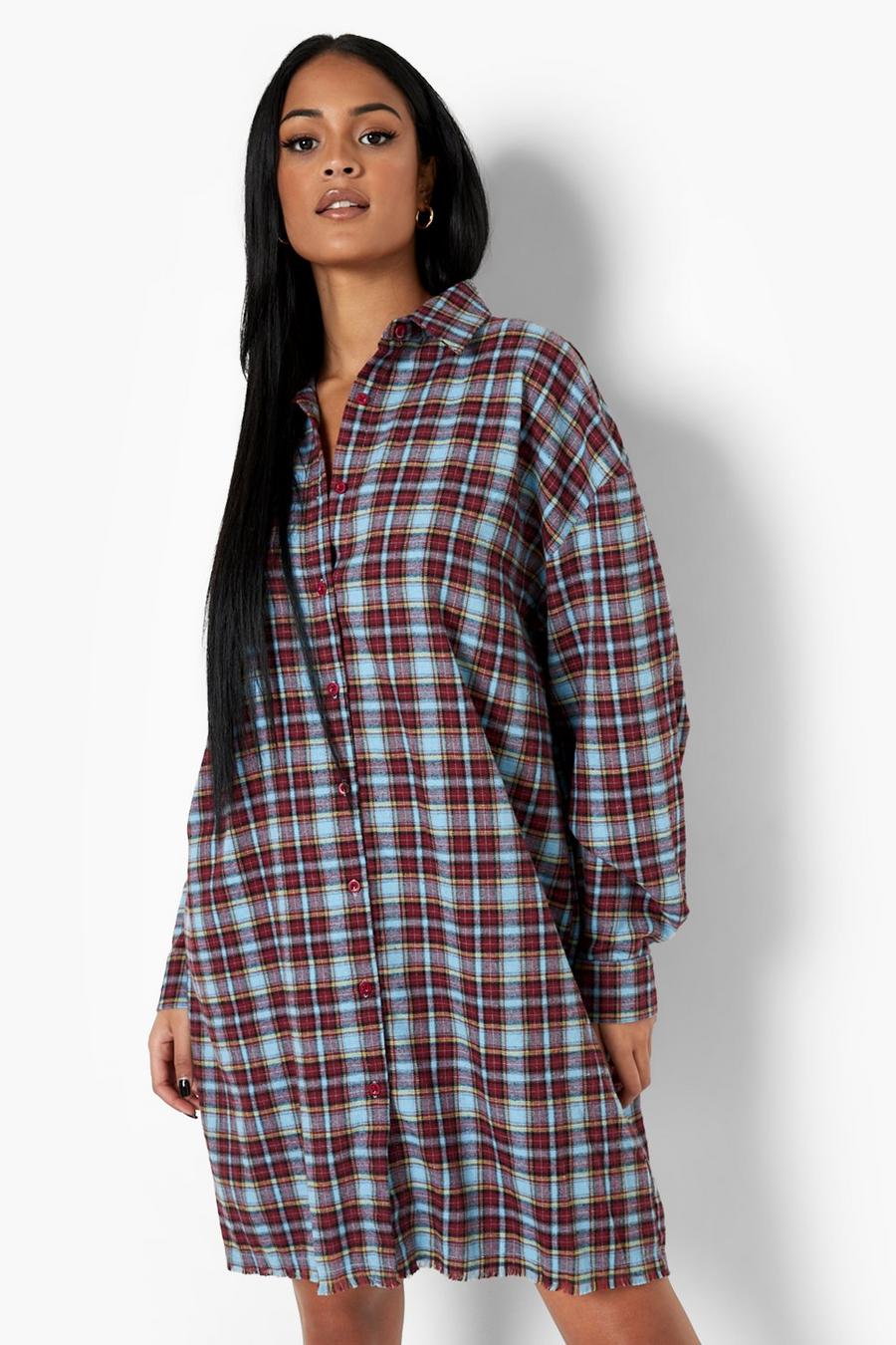 Burgundy Tall - Rutig skjortklänning med rå kant image number 1